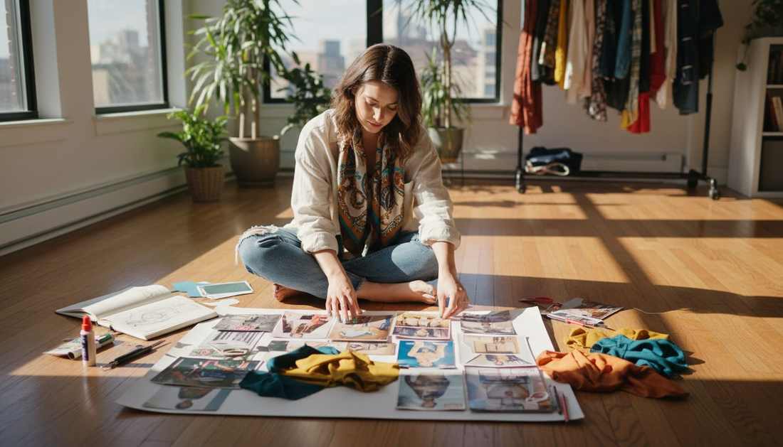 Woman creating expressive fashion mood board
