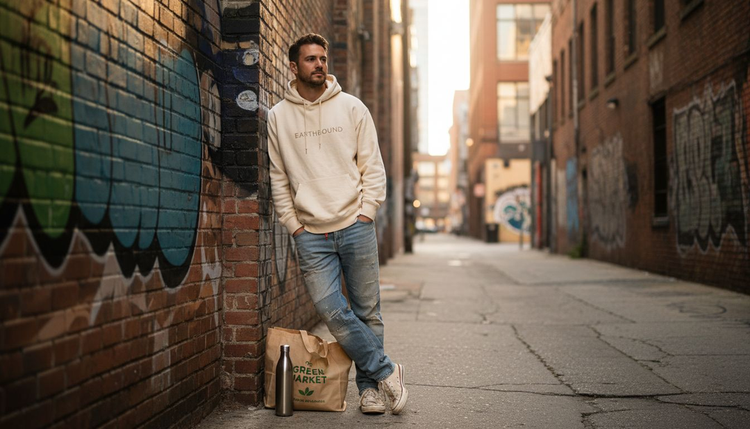 Man wearing sustainable streetwear in urban alley