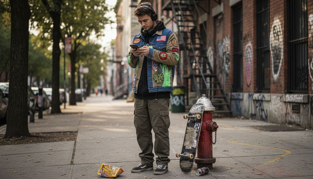 Person wearing custom streetwear, urban setting