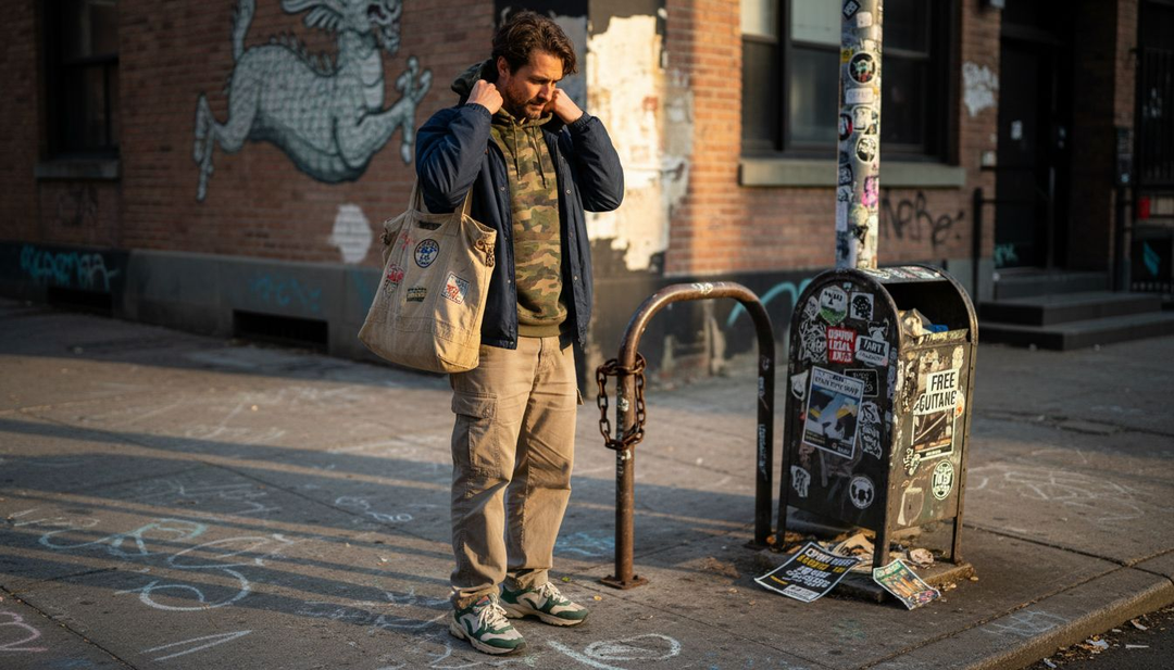 Urban streetwear fashion on graffiti sidewalk