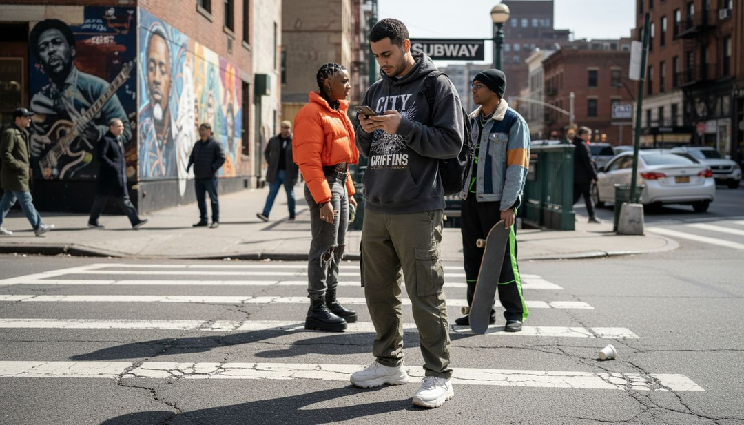 Young adults in expressive streetwear on city sidewalk