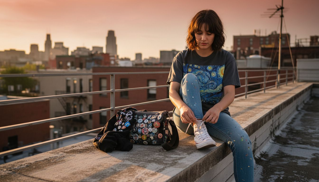 Young woman in art-inspired streetwear on rooftop