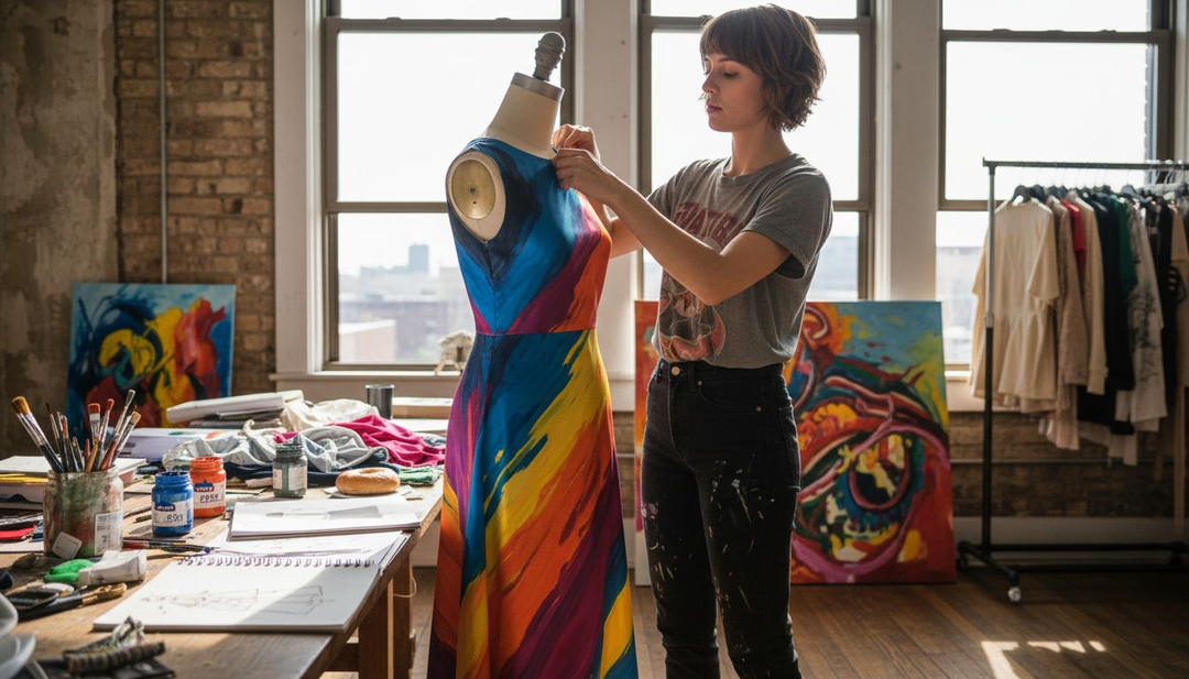 Fashion designer adjusting art-inspired dress mannequin