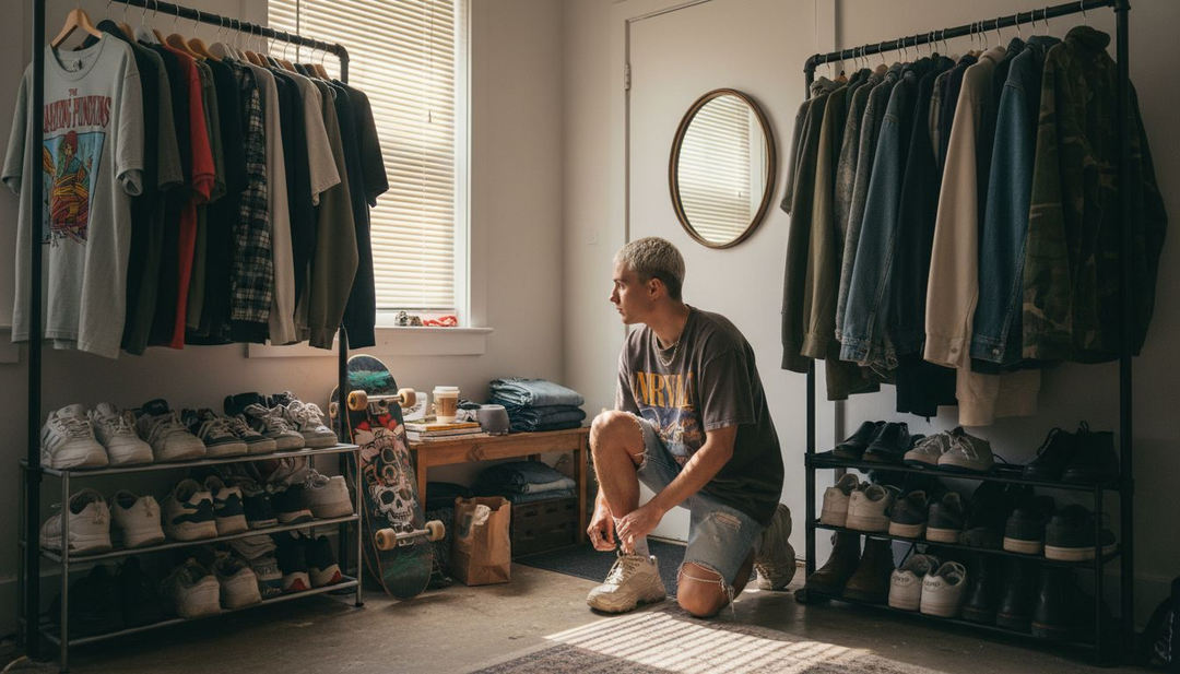 Person building a streetwear wardrobe at home