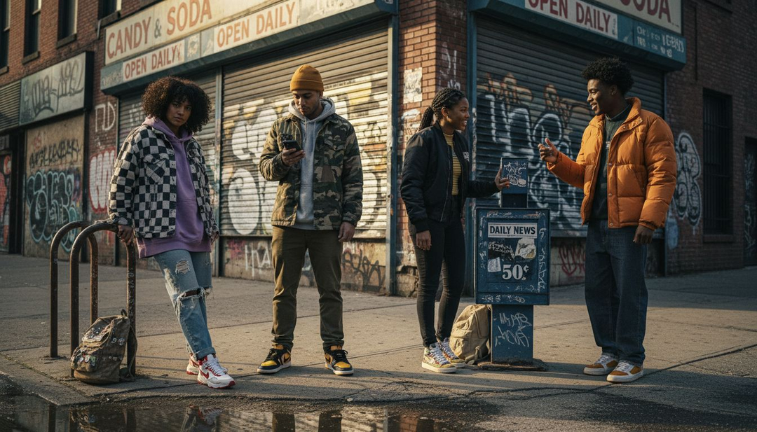 Group expressing streetwear on graffiti city street