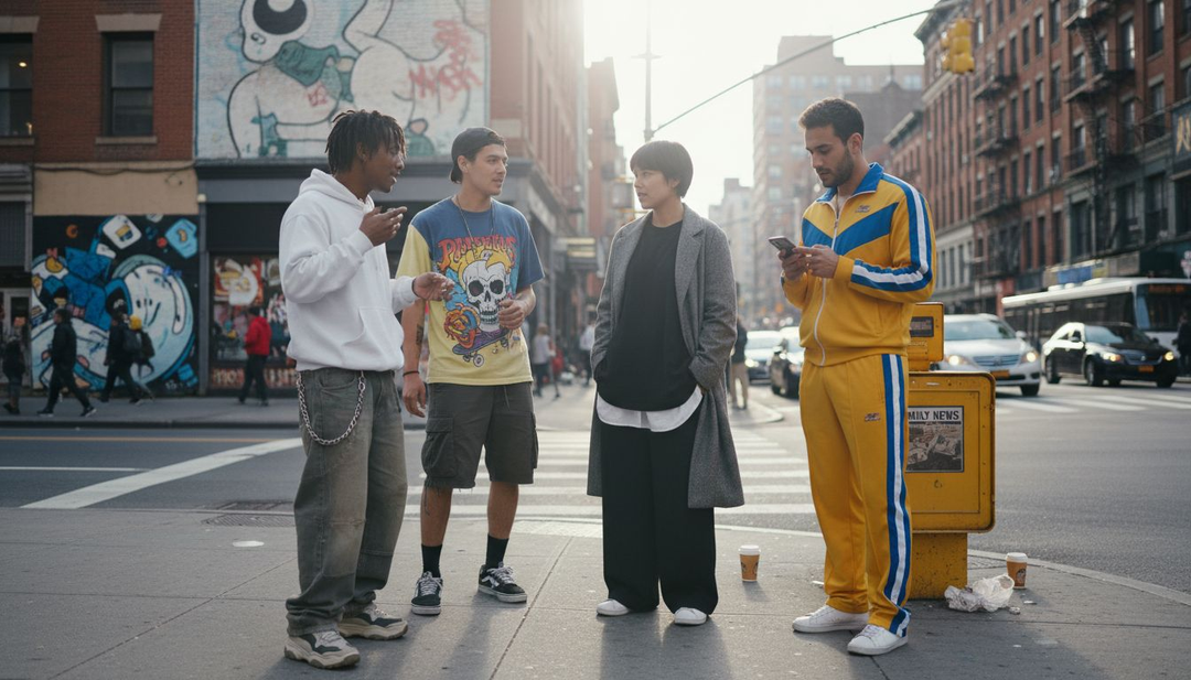 Group wearing creative streetwear styles on city street