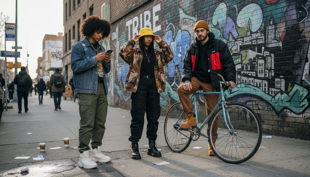 Group in trendy 2026 streetwear on city sidewalk