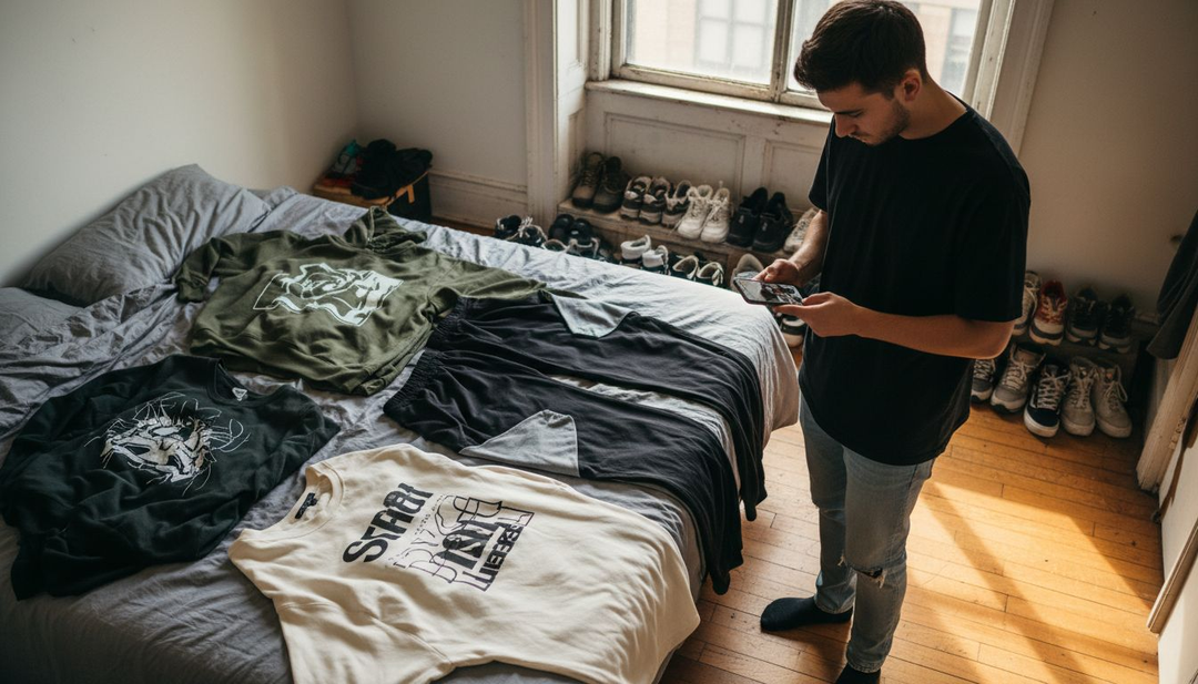 Man sorting streetwear on bed in sunlight