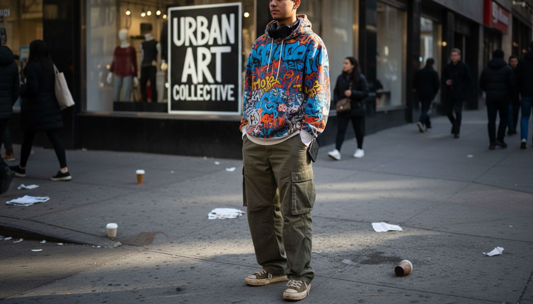 Young adult in bold streetwear city setting