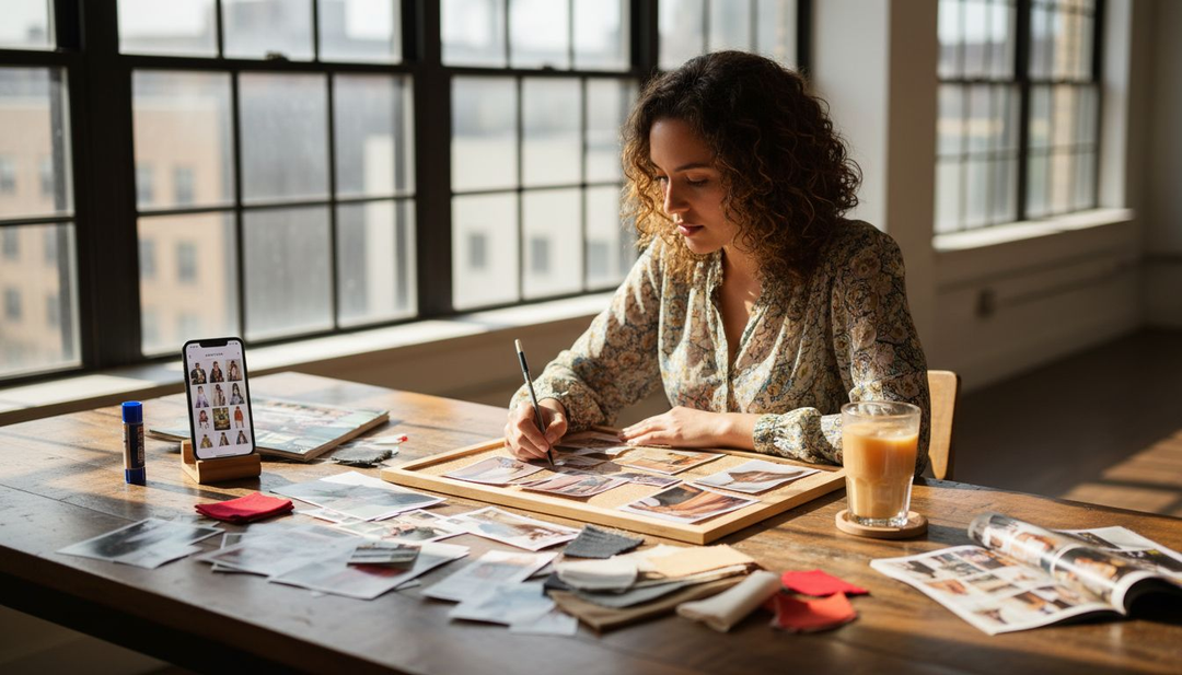 Woman assembling fashion mood board in loft