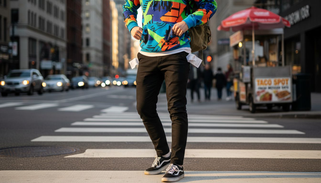 Urban streetwear in graphic hoodie and joggers