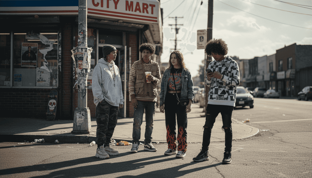 Teens in streetwear chatting on city sidewalk