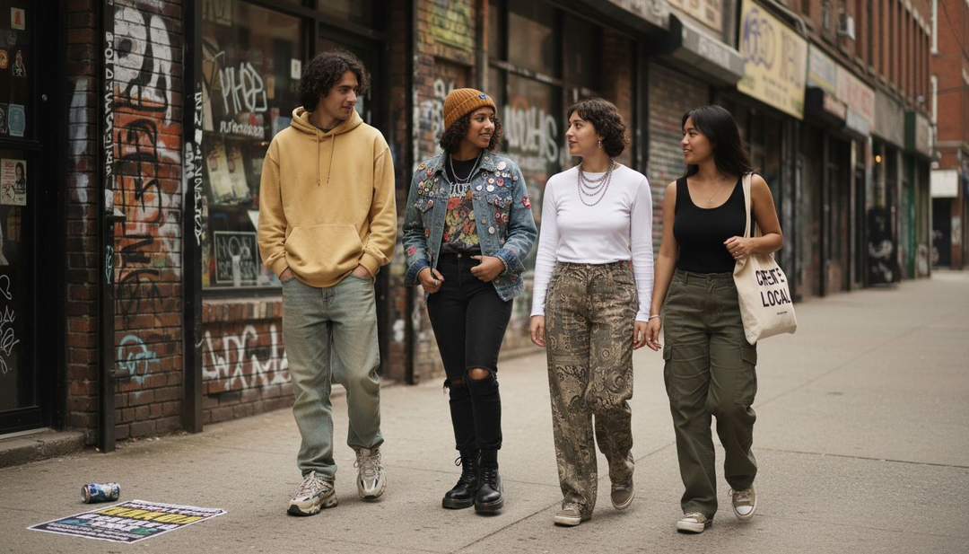 Youth in diverse streetwear on city sidewalk