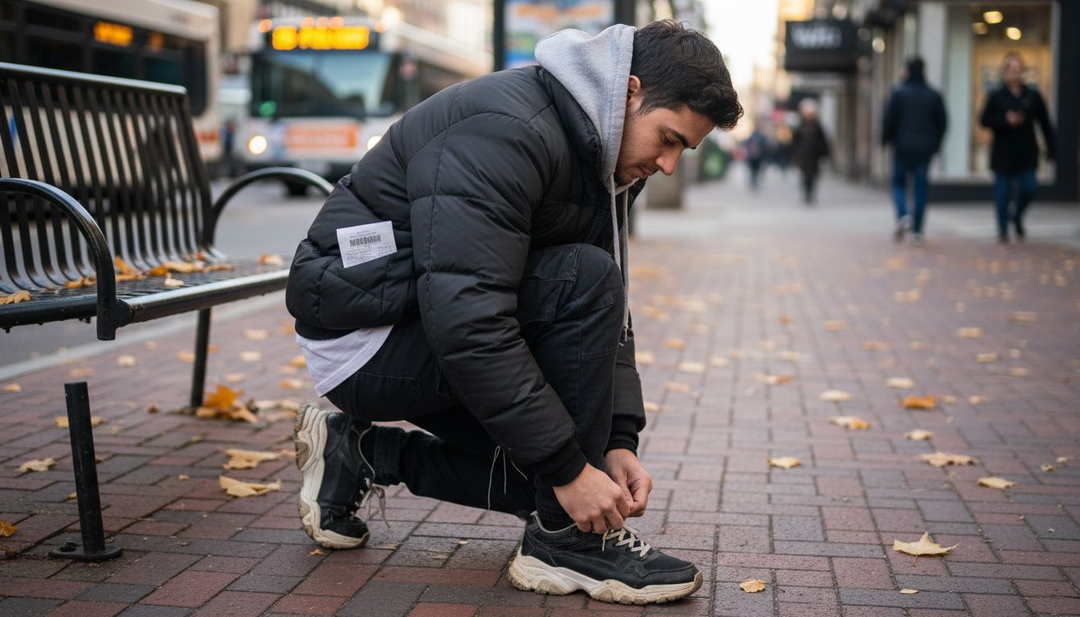 Urban youth layering streetwear on city sidewalk