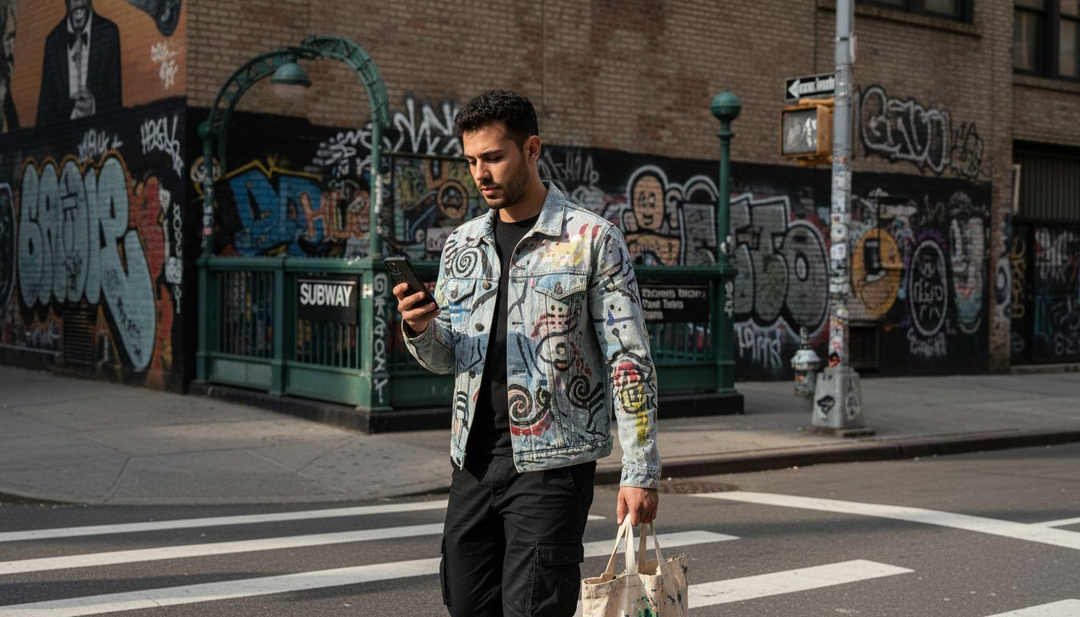 Young man in artistic streetwear downtown