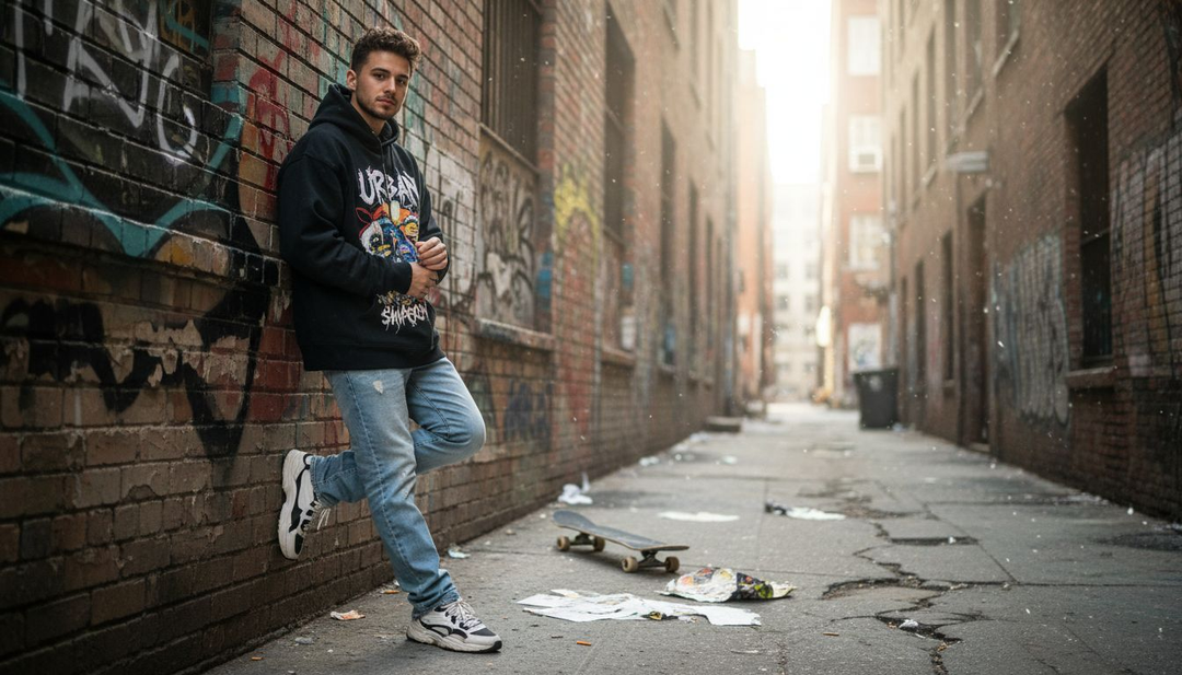 Young man adjusting hoodie in graffitied alley