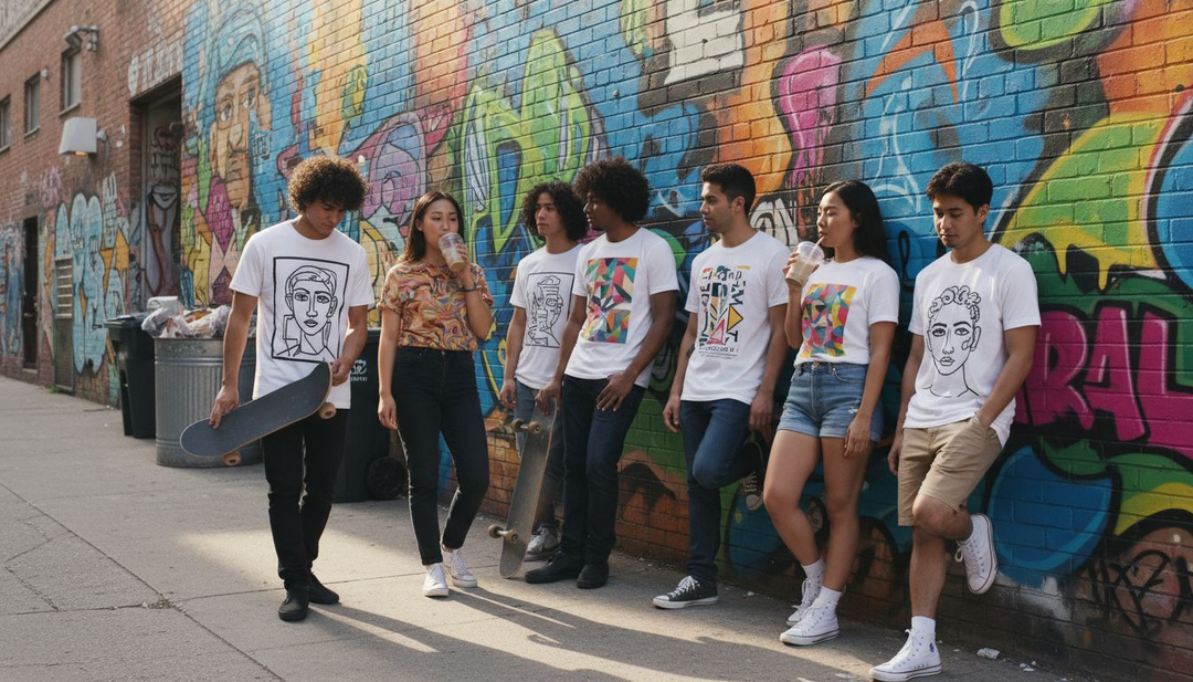 Group wearing bold art-inspired tees in urban alley