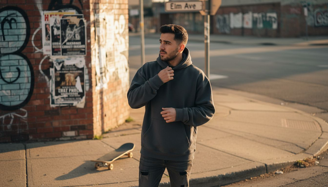 Young man in urban streetwear hoodie