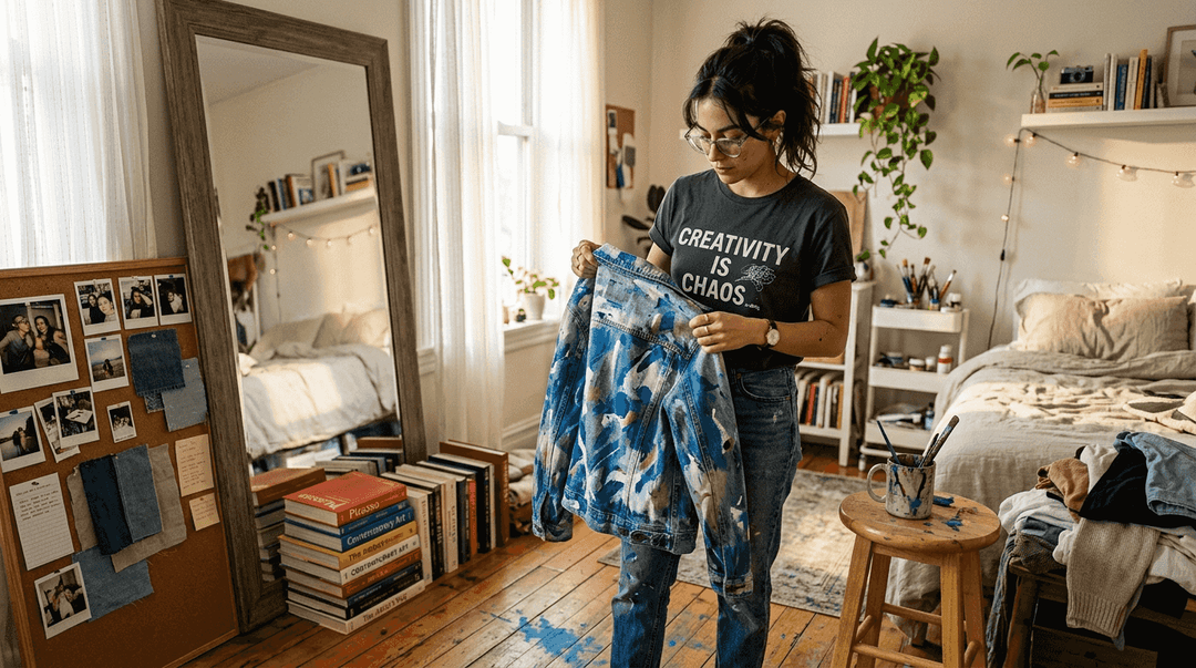 Woman choosing unique wardrobe in creative bedroom