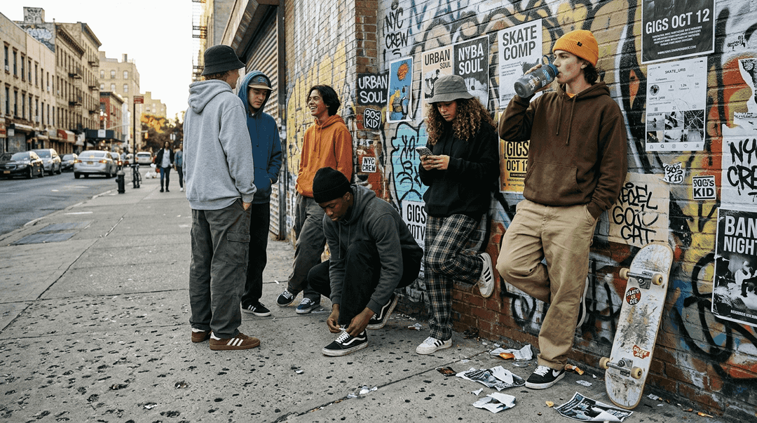Teens in streetwear by graffiti wall