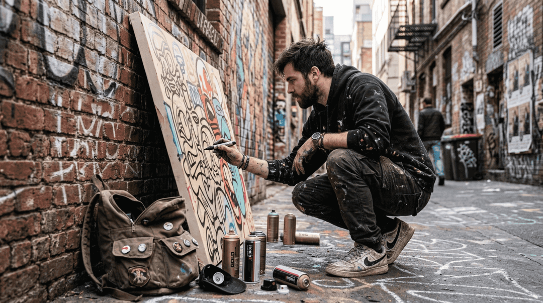 Street artist sketching mural for streetwear
