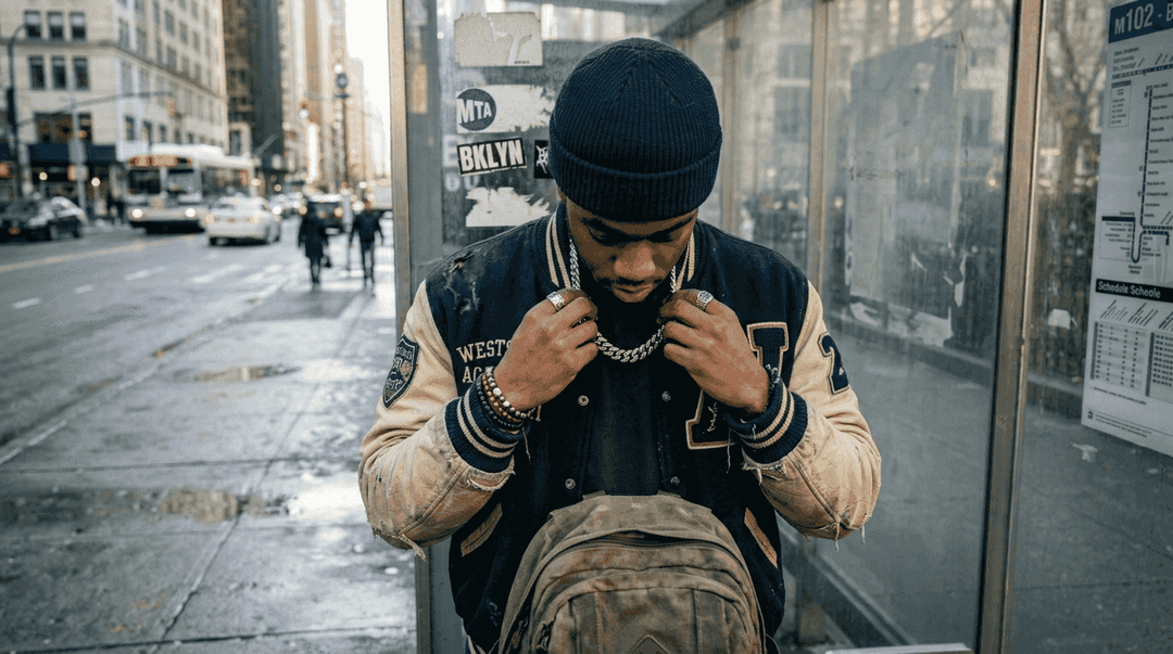 Man styling streetwear accessories at city bus stop
