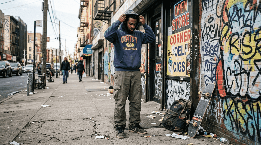 Urban streetwear scene with graffiti backdrop