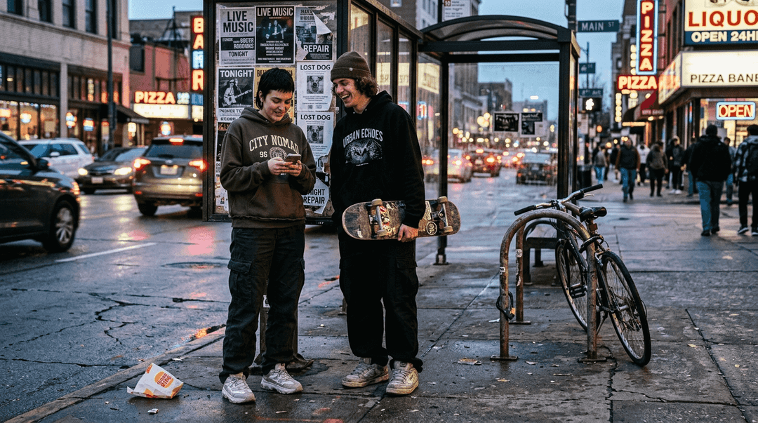 Young adults in streetwear on downtown street