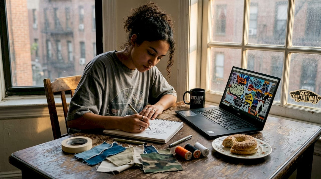 Designer sketching streetwear ideas in apartment