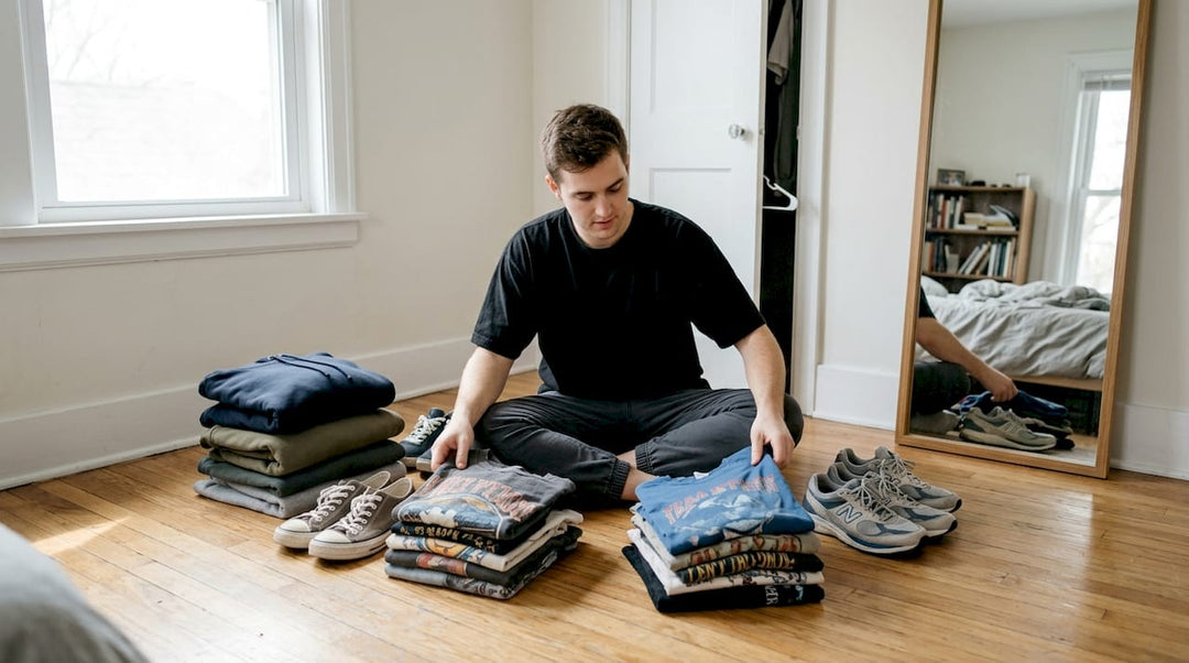 Man sorting streetwear clothes on bedroom floor
