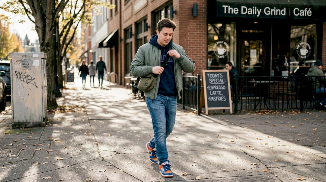 Urban streetwear fashion walking city sidewalk