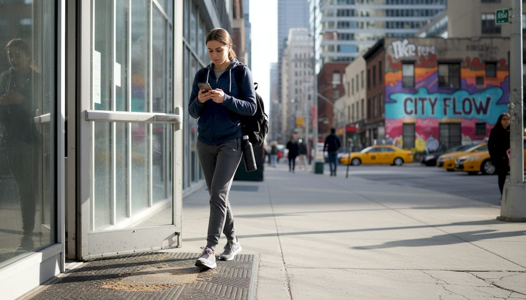 Person in urban gym-to-street outfit in city