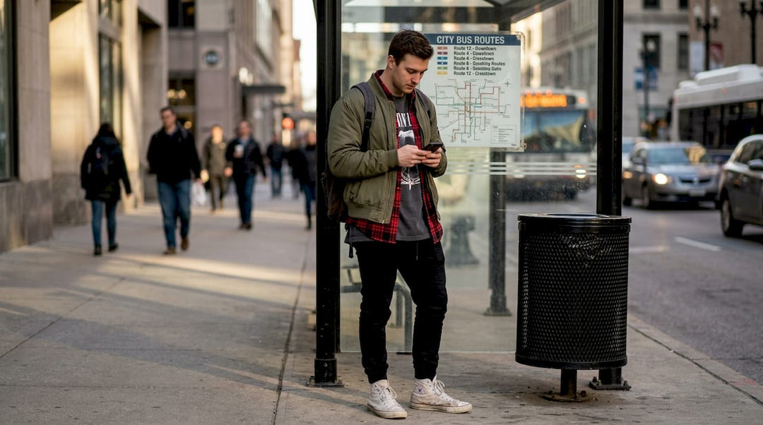Urban streetwear layered at a city bus stop