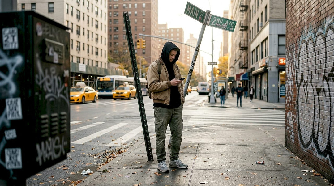 Young man in layered streetwear at city corner