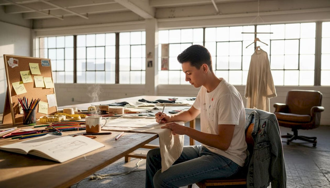 Designer sketching clothing in loft studio