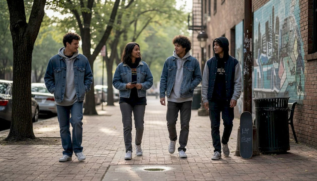 Group of youths in streetwear walking city sidewalk