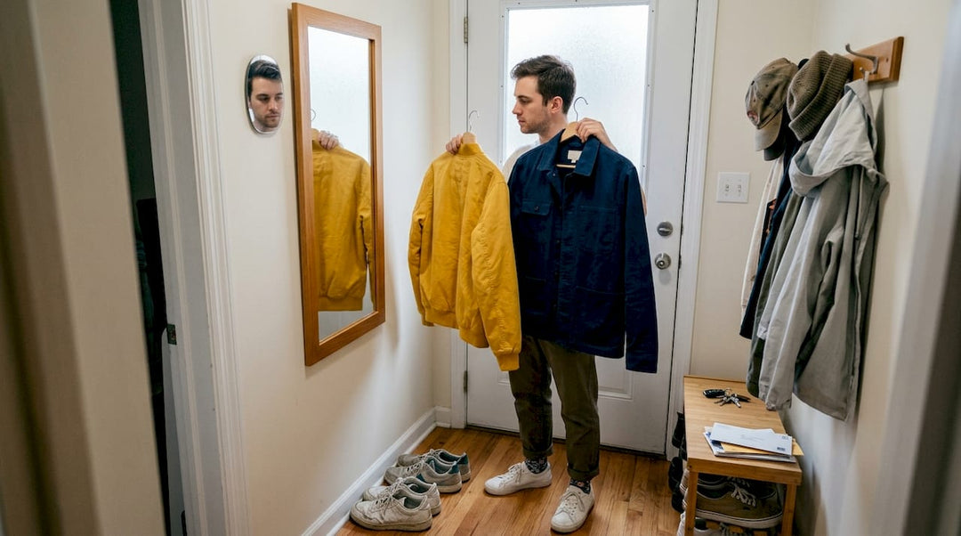 Man choosing colorful jackets in entryway
