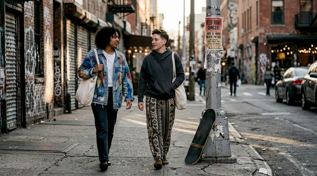 Young adults in artistic streetwear on city block