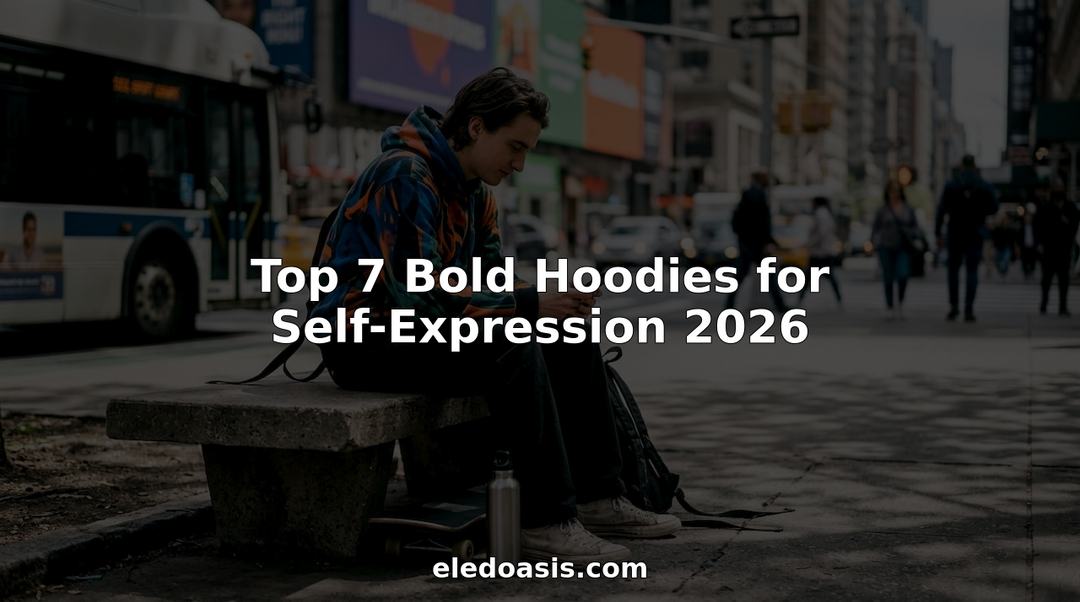 Young adult in bold hoodie at city park bench