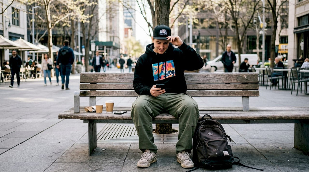 Person in everyday streetwear, city plaza setting