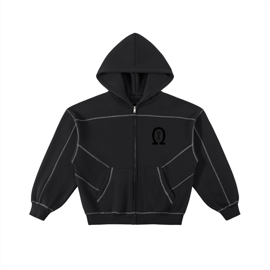 Contrast-Stitched Boxy Fleece Zip Hoodie