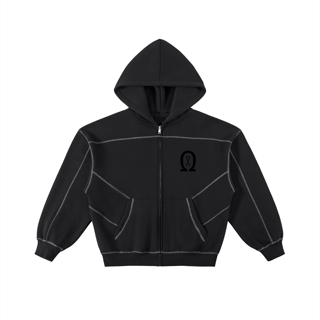 Contrast-Stitched Boxy Fleece Zip Hoodie