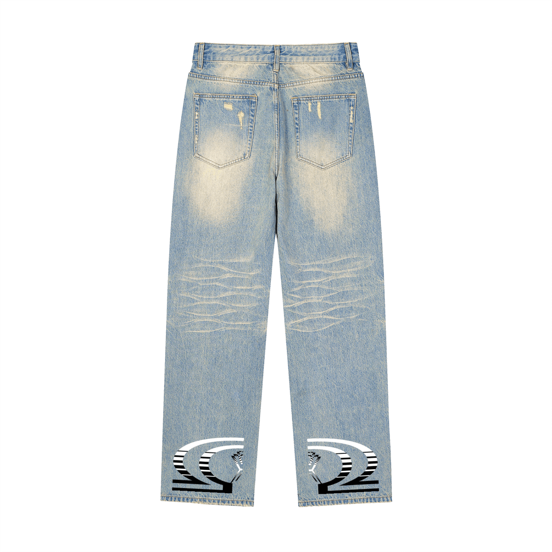 sun fade raw hem denim jeans