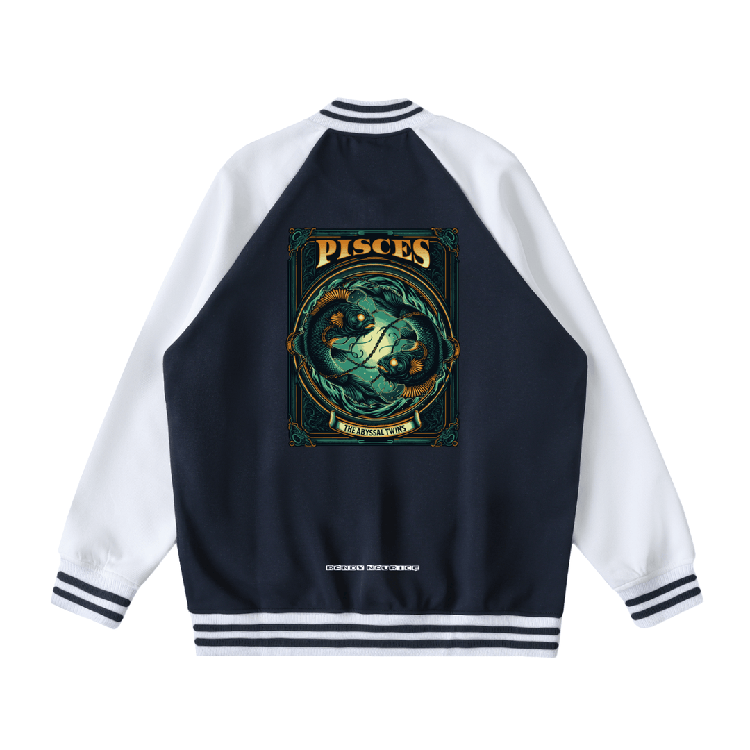 Zodiac Jacket Pisces is a stylish and expressive outerwear piece - back view showing Pisces zodiac graphic on navy body with white sleeves