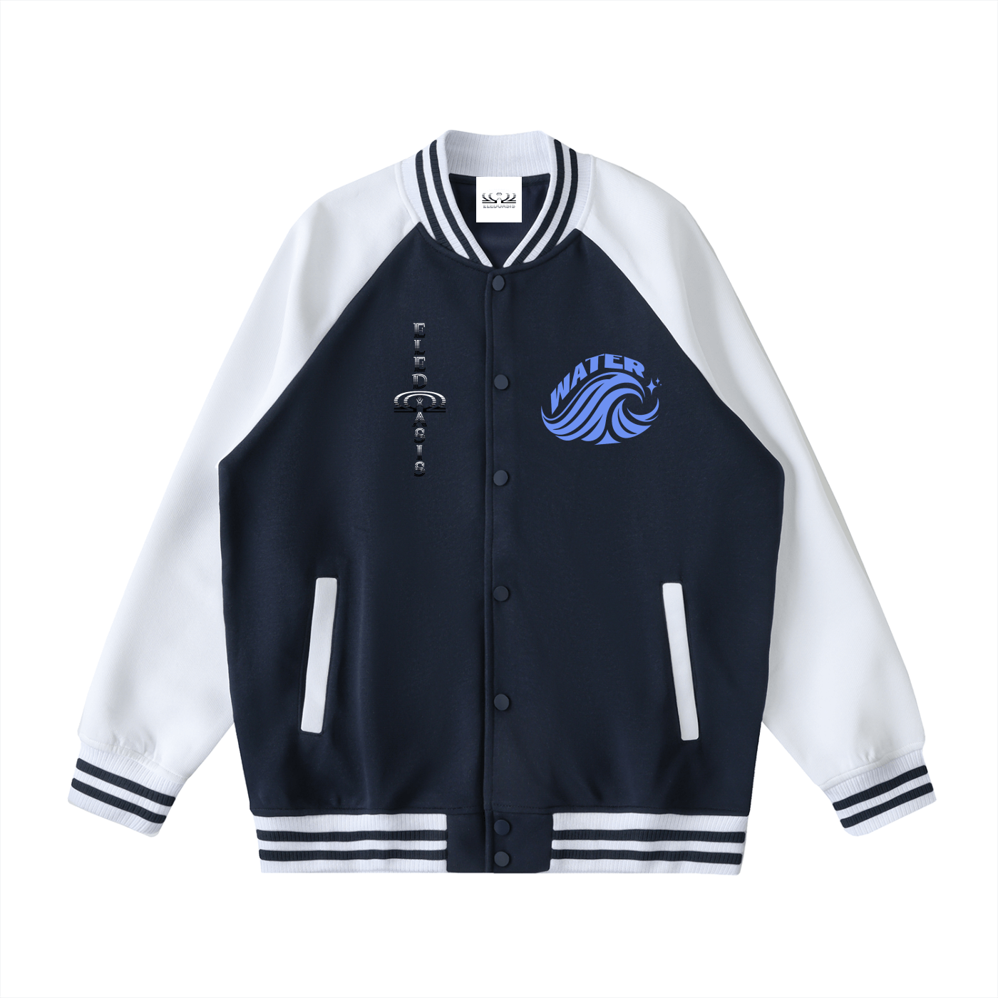 Zodiac Jacket Pisces is a stylish and expressive outerwear piece on navy with white sleeves, water-themed Pisces embroidery, varsity cuffs and pockets